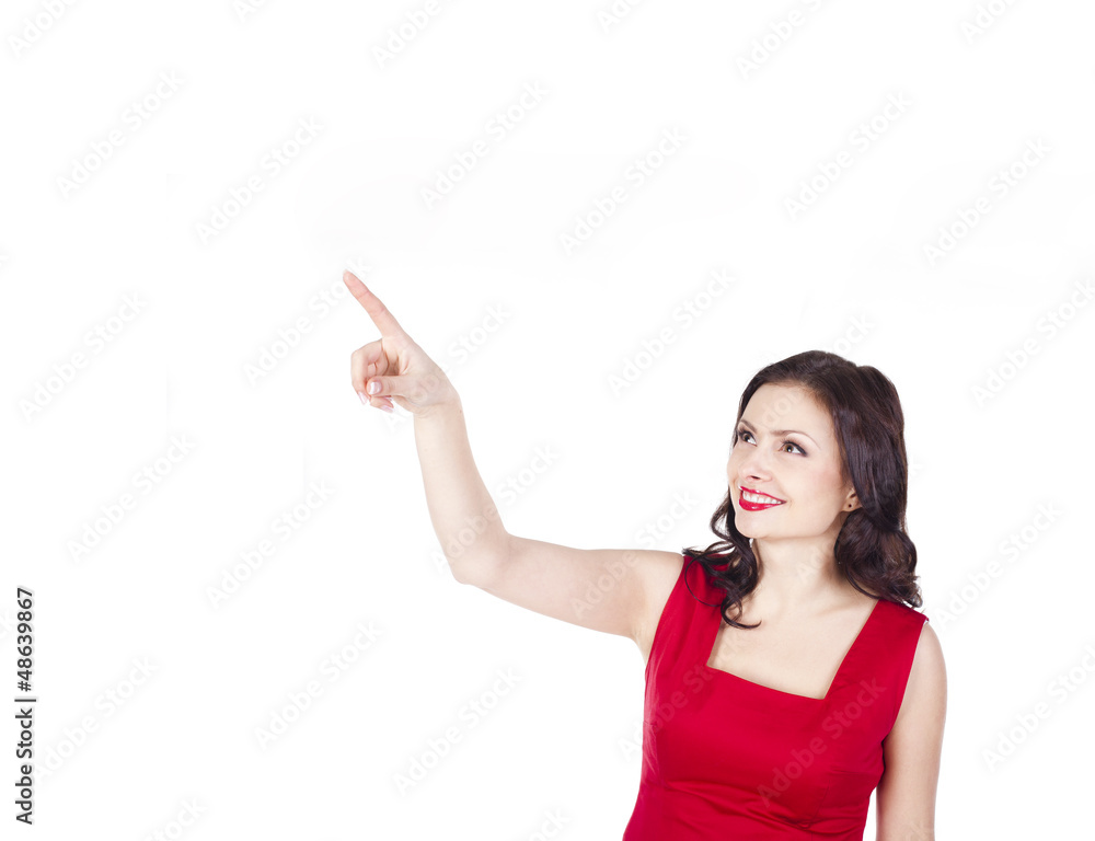 Beautiful young brunette pointing her finger on empty copy space Beautiful young brunette pointing her finger on empty copy space