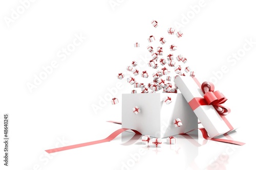 Gift box emitting little gift boxes greeting card