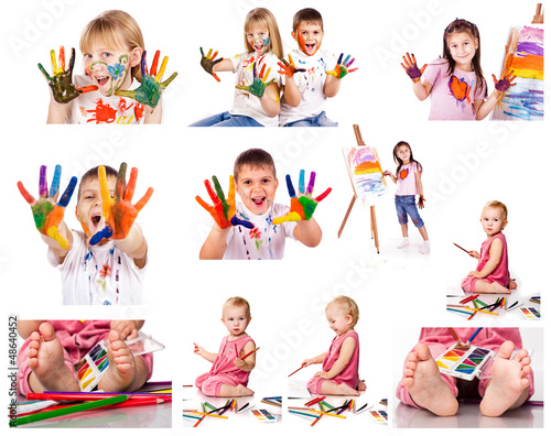 Collection of photos of kids painting with colors