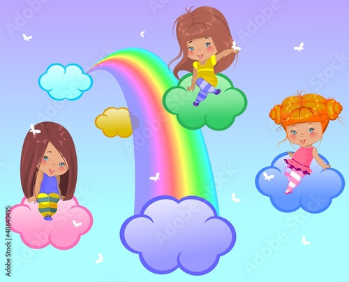 Three little girls flying in the clouds
