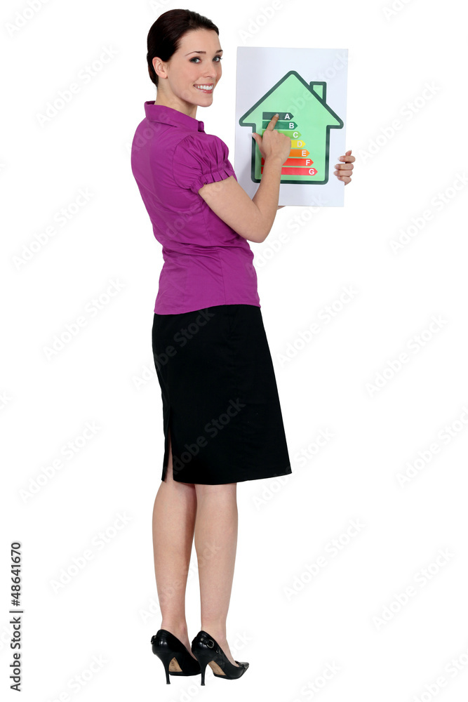 Woman with a house energy rating sign Woman with a house energy rating sign