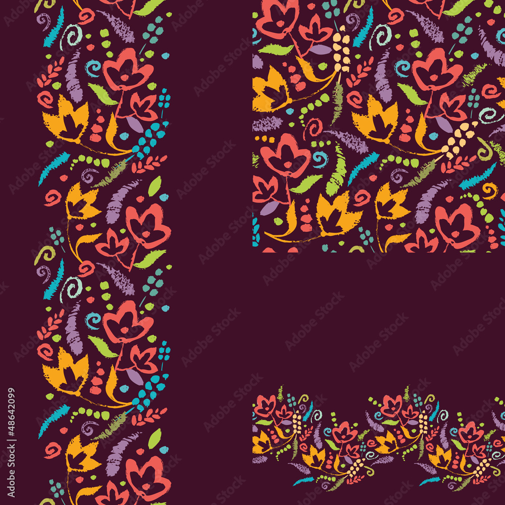 Vector Set of painted plants seamless pattern and borders