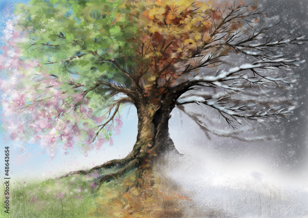 Digital illustration of four seasons tree - obrazy, fototapety, plakaty 