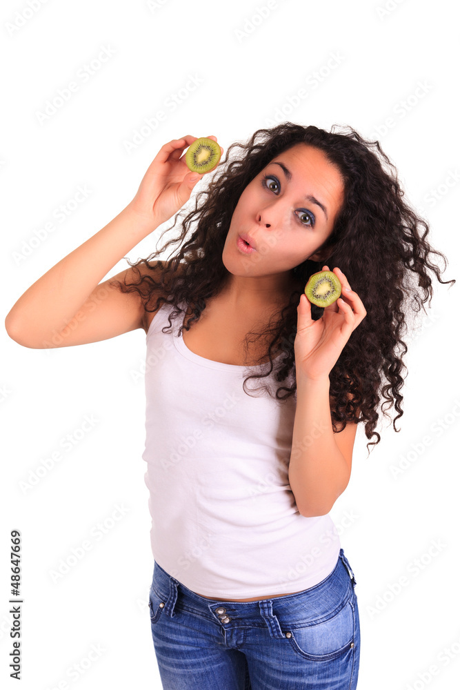 young woman holding kiwi. Isolated over white. Isolated over whi young woman holding kiwi. Isolated over white. Isolated over whi