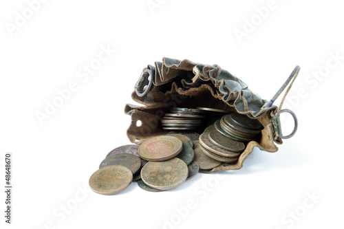 Obraz na plátne Coins in an old leather pouch