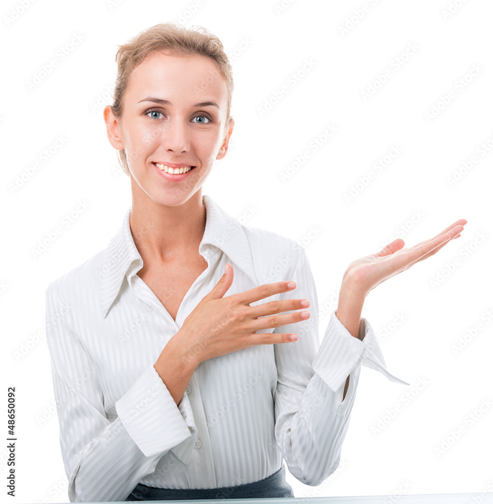 friendly administrative assistant making hand gestures friendly administrative assistant making hand gestures