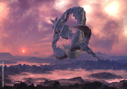 Fototapeta Naklejka Na Ścianę i Meble -  Spacecraft Leaving Uninhabited World