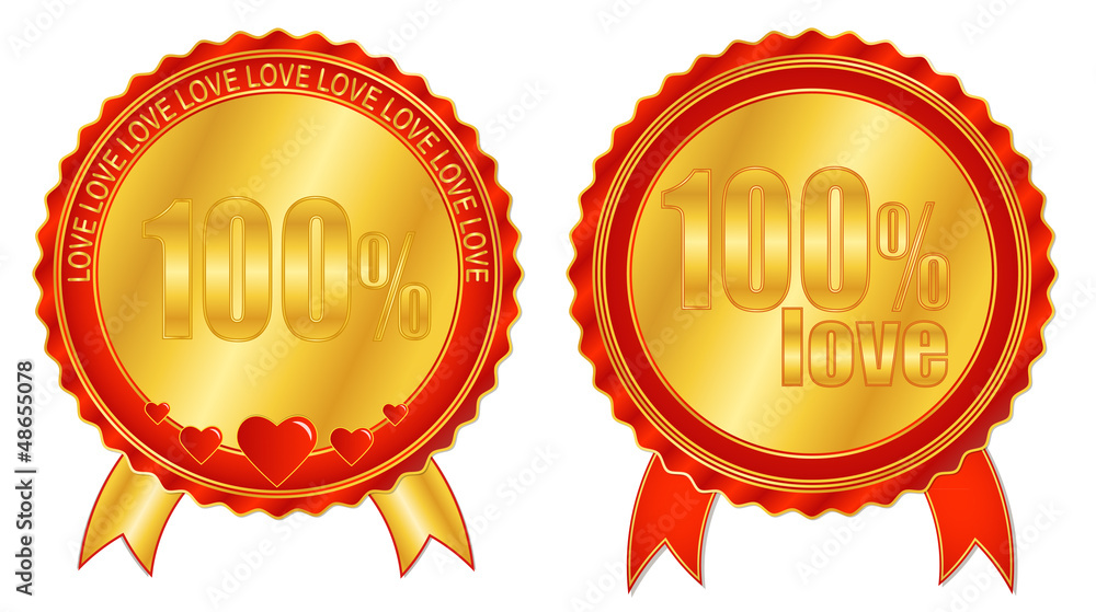 100 percent of love. Valentines awards on white. 100 percent of love. Valentines awards on white.