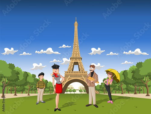 Fashion french cartoon family in Paris, with the Eiffel Tower
