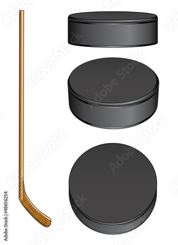 Ice Hockey Stick and Pucks
