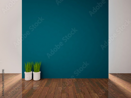 empty interior with a blue wall and white vases with grass