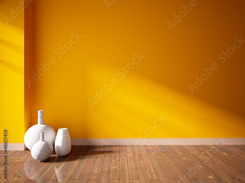 orange empty interior with white vases