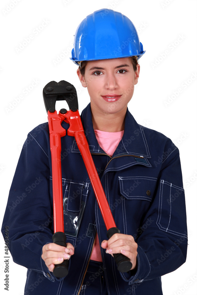 Women with pliers resting on the shoulder Women with pliers resting on the shoulder