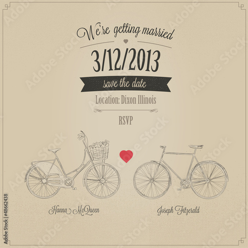 Grunge retro wedding invitation with tandem vintage bicycles