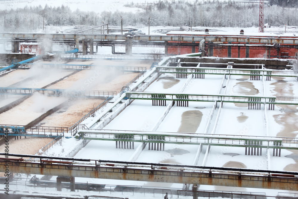 Snow-covered aeration basins in sewerage treatment plant Snow-covered aeration basins in sewerage treatment plant