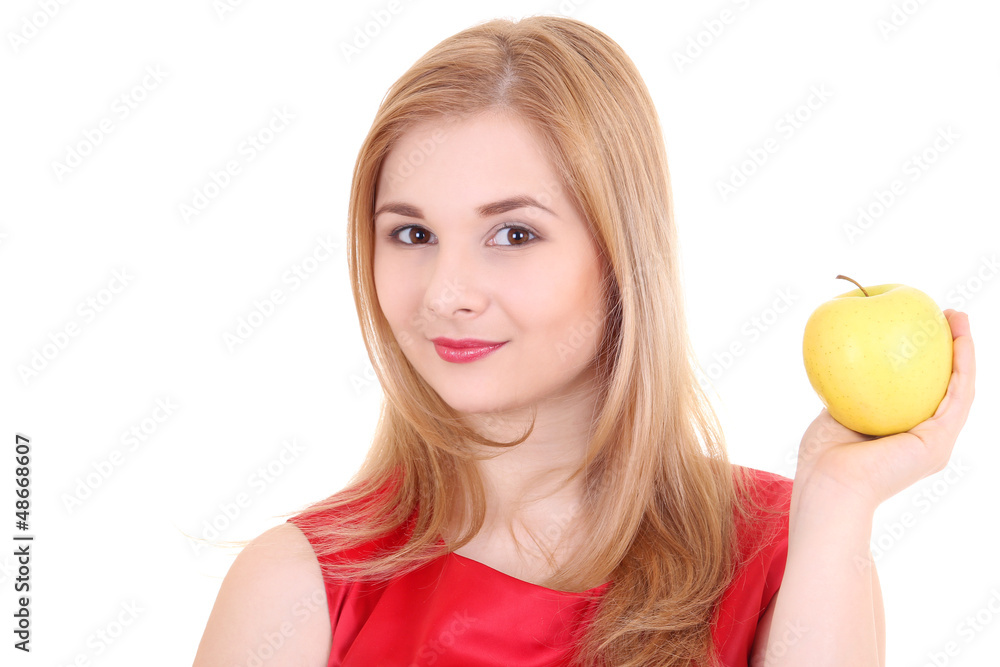 attractive blond with yellow apple attractive blond with yellow apple