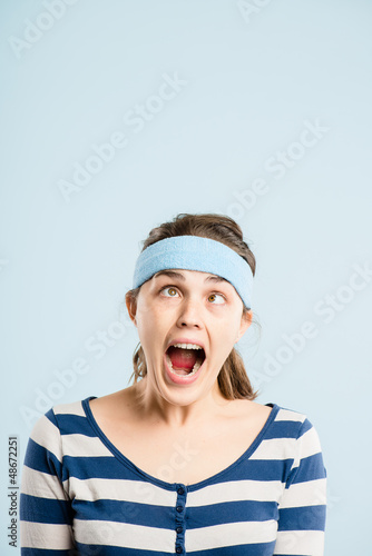 funny woman portrait real people high definition blue background
