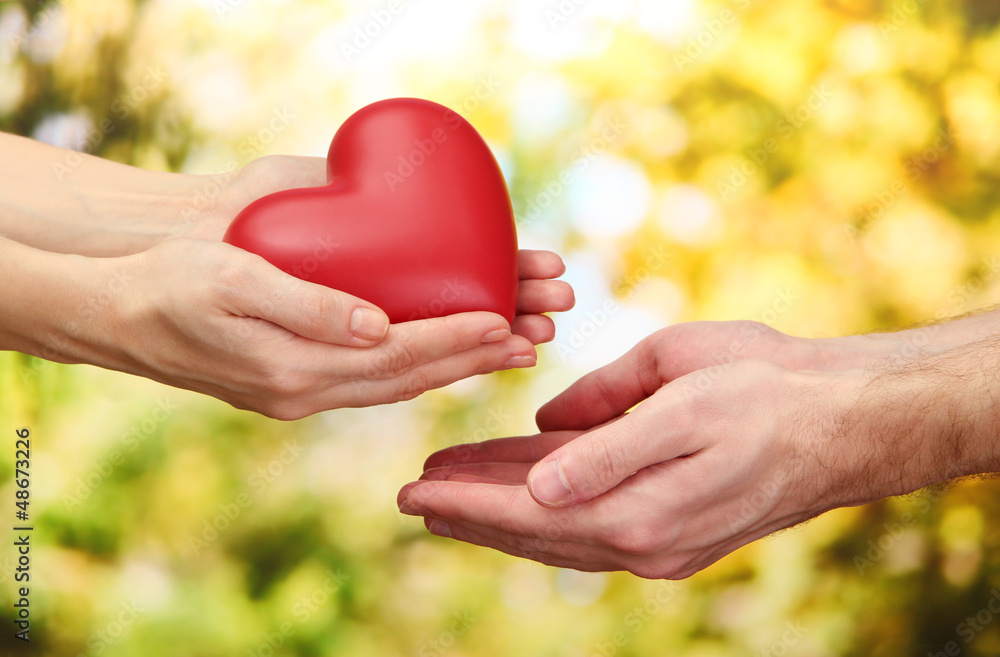 Red heart in woman and man hands, on green background Red heart in woman and man hands, on green background