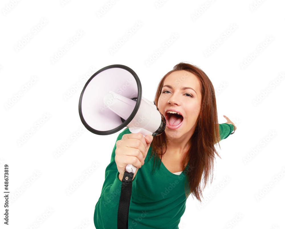 portrait of young girl shouting with megaphone portrait of young girl shouting with megaphone