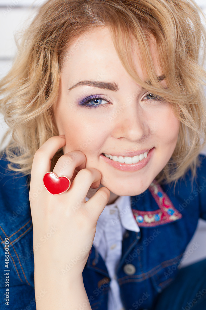portrait beautiful smiling woman with ring in form heart portrait beautiful smiling woman with ring in form heart