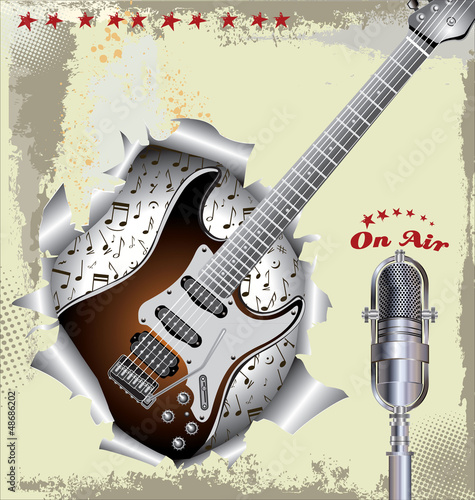 Music background with old microphone and guitar #48686202