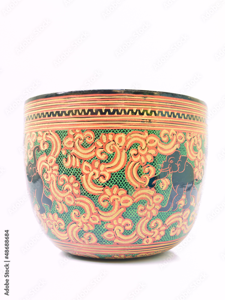 A artistic lacquerwear bowl with elaphant image isolated on whi A artistic lacquerwear bowl with elaphant image isolated on whi
