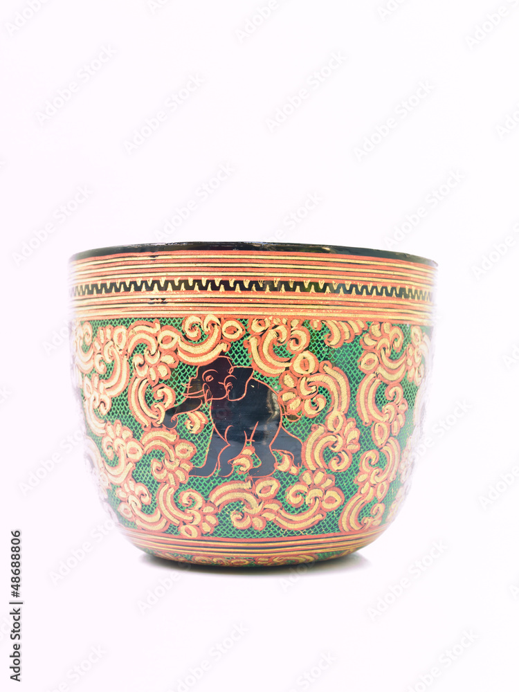 A artistic lacquerwear bowl with elaphant image isolated on whi A artistic lacquerwear bowl with elaphant image isolated on whi