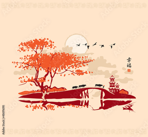 Chinese landscape with pagoda and bridge