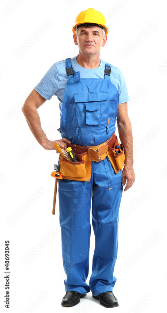 Male builder in yellow helmet isolated on white Male builder in yellow helmet isolated on white