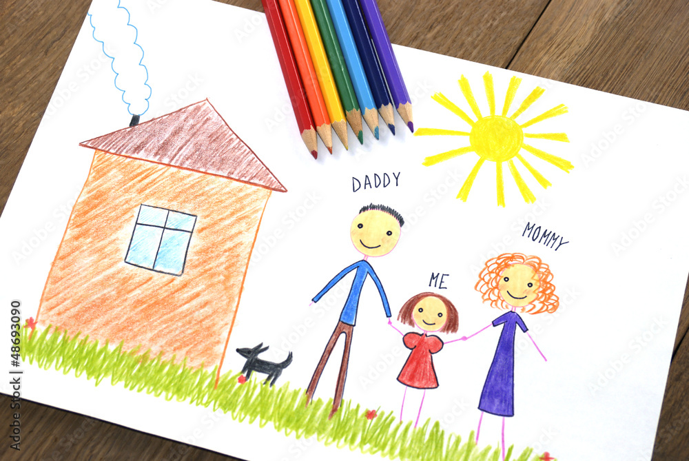 kids drawing happy family near their house
