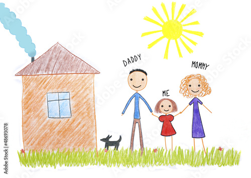 kids drawing happy family near their house