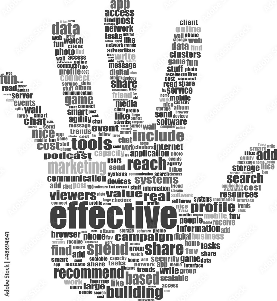 hand symbol, composed of text keywords on social media themes hand symbol, composed of text keywords on social media themes