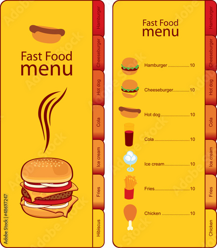 for fast food menu with tabs for different dishes