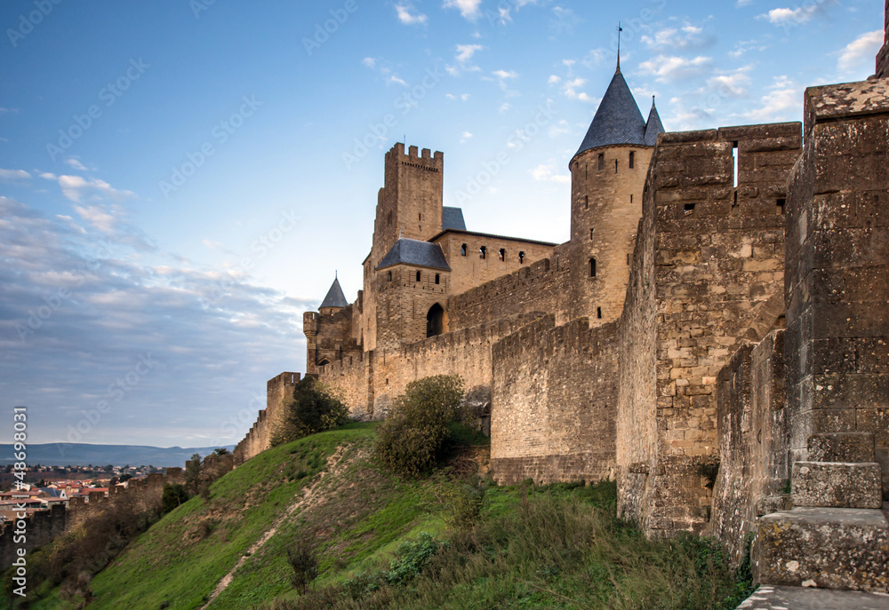 Carcassone fortress at evening sunset.
