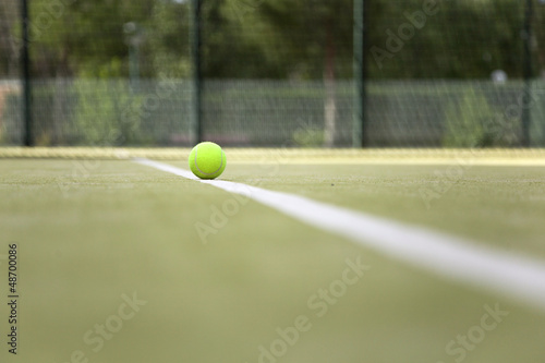 Close-up of a tennis ball on the white line of a paddle court
