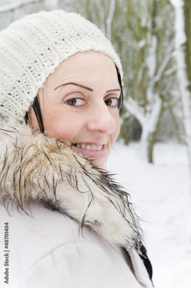 woman smiling in snow woman smiling in snow