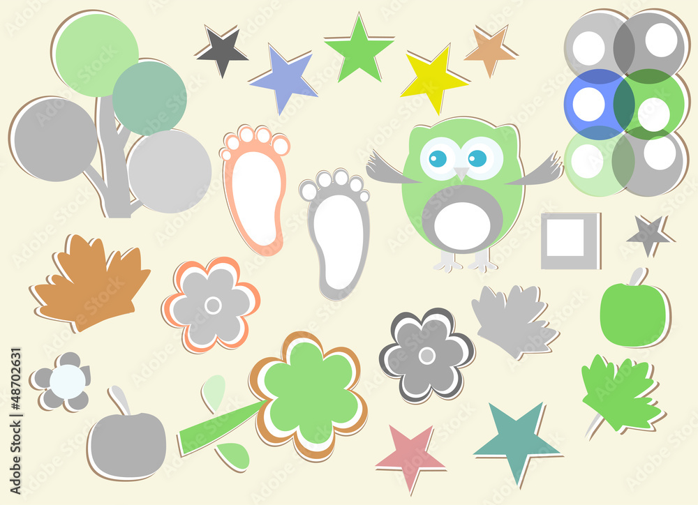 Fototapeta premium set of nature element for design - owls, legs, flowers, trees
