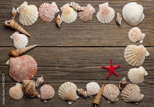 Seashells frame on old wooden surface. Focused on red starfish. 