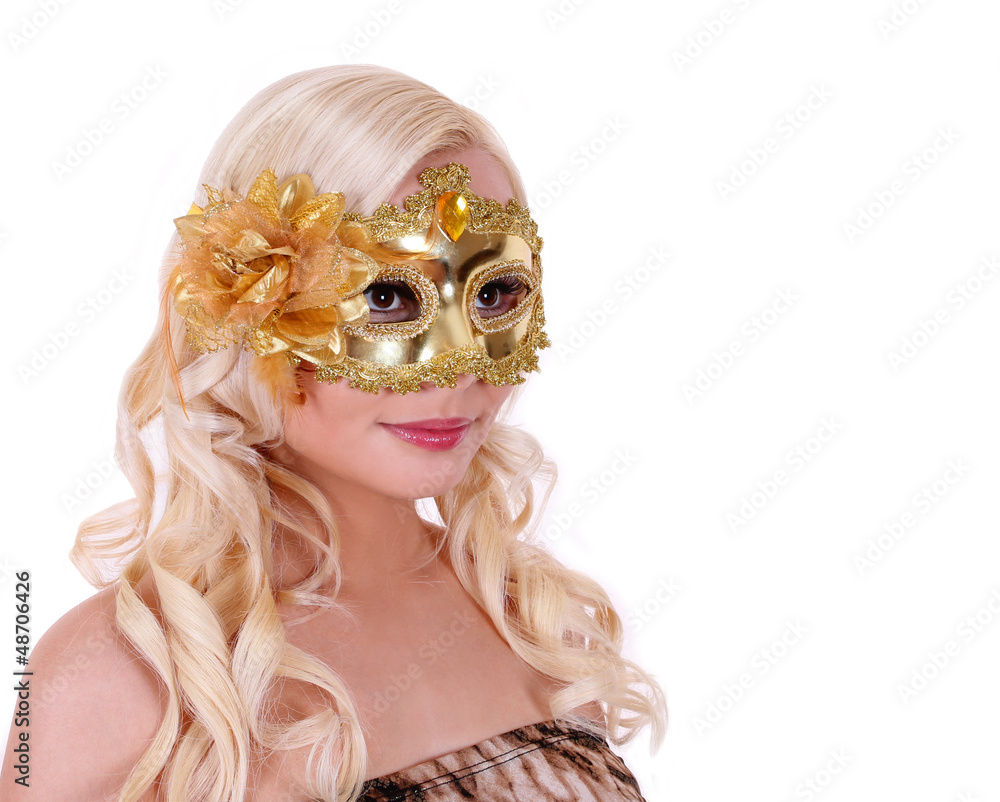 blonde young woman with gold carnival mask isolated