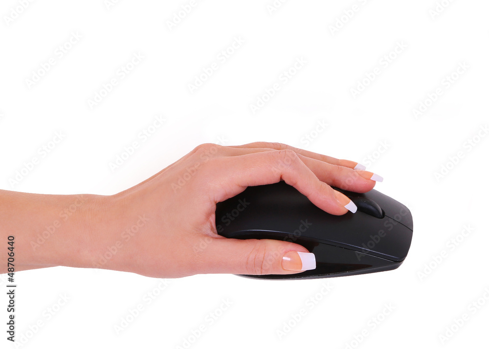 computer mouse in female hand isolated on white computer mouse in female hand isolated on white
