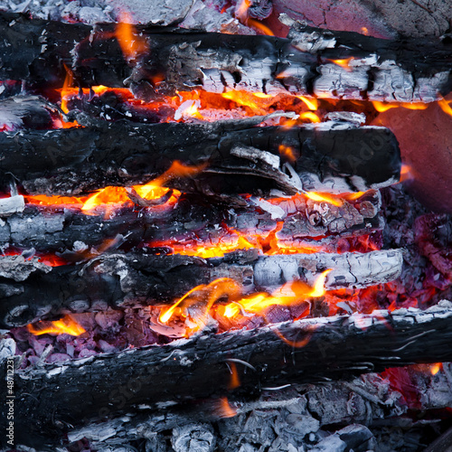 Burning wood and coal in fireplace. Closeup of hot burning wood