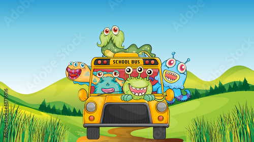 Smiling monsters and school bus
