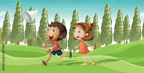 A running boy and a girl
