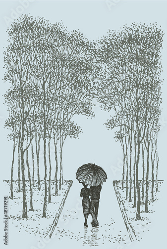 Vector landscape. Couple with umbrella walking down the alley