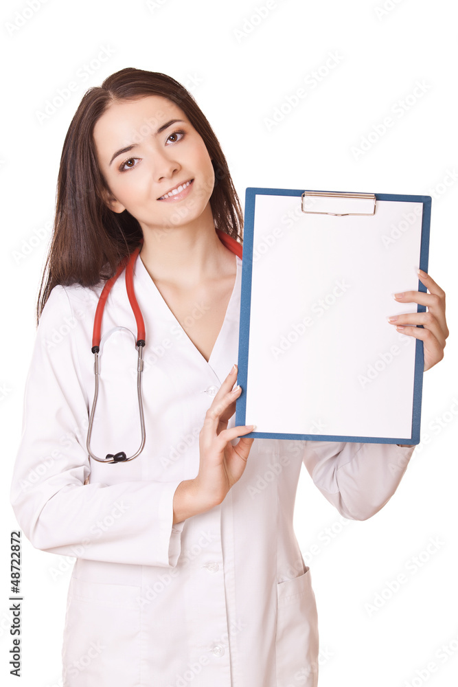 friendly female doctor with blank clipboard friendly female doctor with blank clipboard