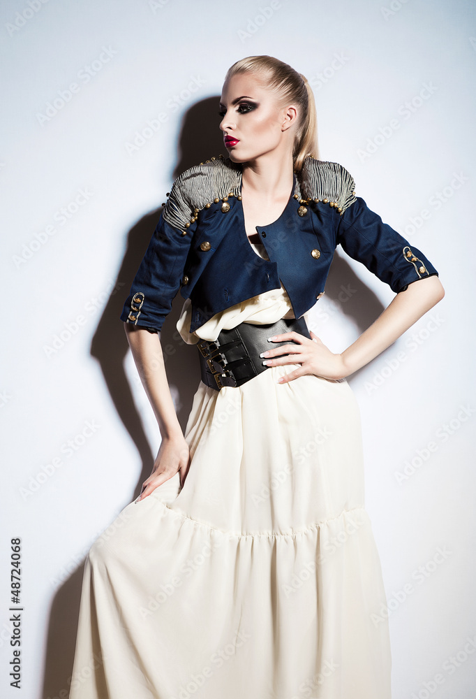sexy blonde erotic woman in long white dress and jacket sexy blonde erotic woman in long white dress and jacket