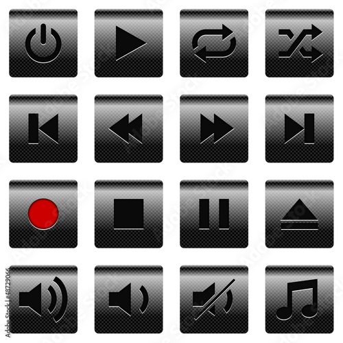 Set of black square media player buttons with pattern