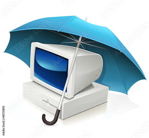 Ordinateur sous un parapluie (reflet)