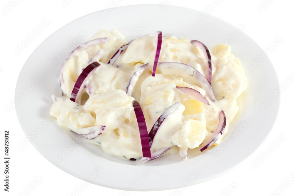 potato salad with mayonnaise on the plate on white background potato salad with mayonnaise on the plate on white background