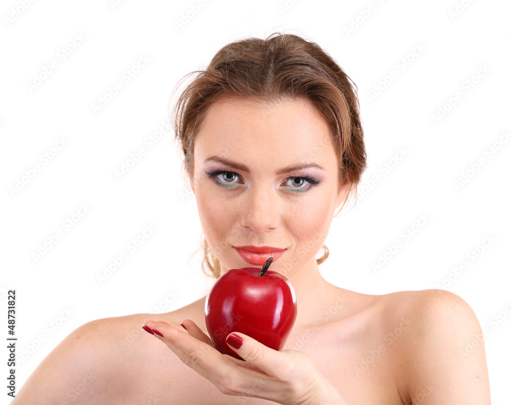 Beautiful young woman with bright make-up, holding red apple, Beautiful young woman with bright make-up, holding red apple,